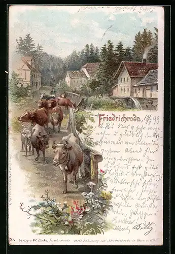 Lithographie Friedrichroda, Ortsansicht mit Kuhtrieb