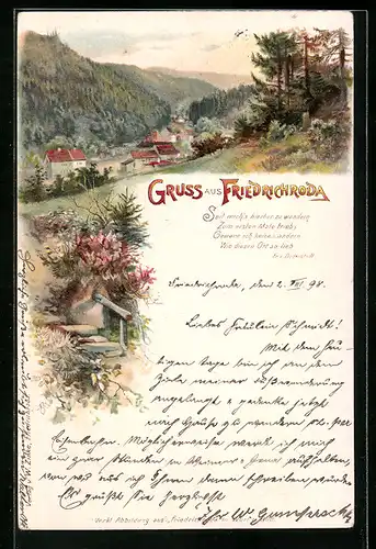 Lithographie Friedrichroda, Ortsansicht mit Blick ins Tal