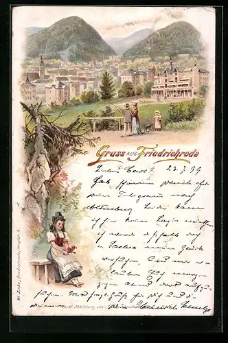 Lithographie Friedrichroda, Ortsansicht mit Spaziergängern, Trachtenmädchen
