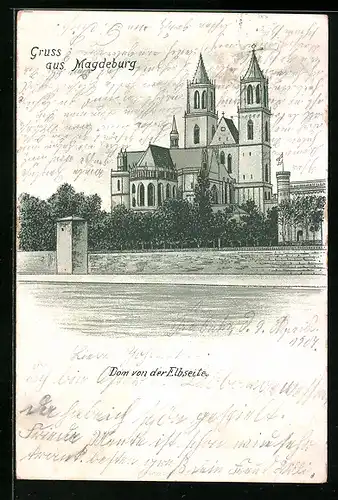 Künstler-AK Magdeburg, Dom von der Elbseite