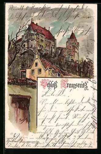 Lithographie Trausnitz, Ansicht vom Schloss