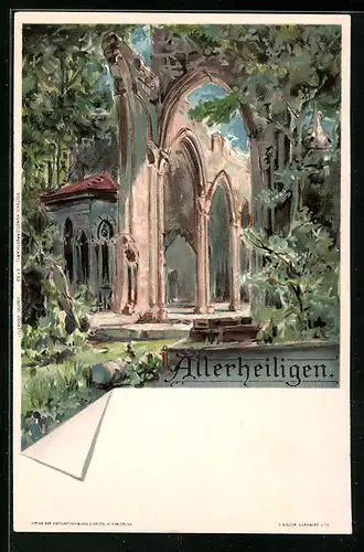 Lithographie Oppenau-Lierbach, Ansicht der Klosterruine Allerheiligen