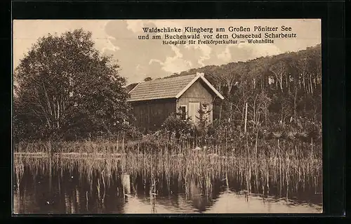 AK Gleschendorf bei Lübeck, Gaststätte Waldschänke Klingberg, Grosser Pönitzer See, Wohnhütte, Platz für Freikörperkultur