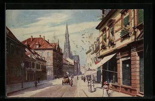 AK Offenburg, Hauptstrasse mit Kirche und Fuhrwerk