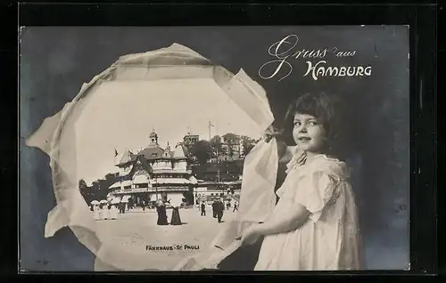 Passepartout-AK Hamburg-St. Pauli, Fährhaus St. Pauli im Reisspapier-Rahmen, Mädchen