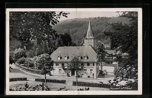 AK Marxzell /Albtal, Gasthaus-Pension Marxzeller Mühle und Kirche aus der Vogelschau
