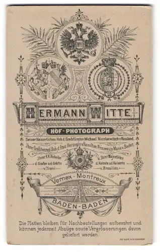 Fotografie Hermann Witte, Baden-Baden, königliche Wappen mit Mongramm des Fotografen