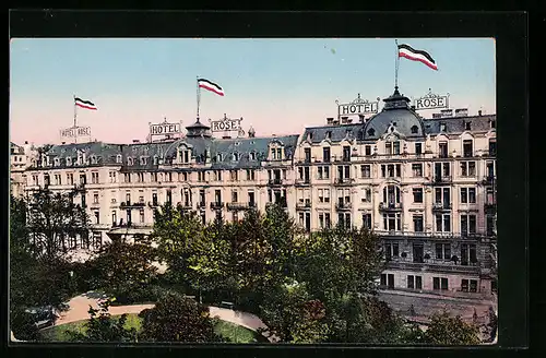 AK Wiesbaden, Frontansicht des Hotel Rose mit den Anlagen an der Hochbrunnenquelle