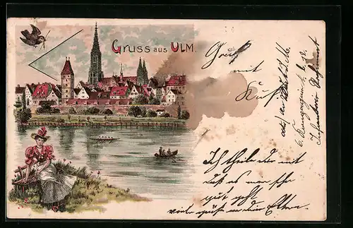 Lithographie Ulm, Ortsansicht mit bürgerlicher Frau am Ufer