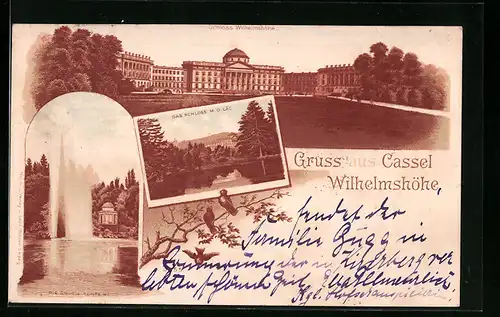 Lithographie Kassel-Wilhelmshöhe, Blick auf das Schloss u. die grosse Fontaine