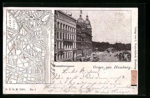 AK Hamburg-Neustadt, Stadtkarte u. Blick auf die Dammthorstrasse