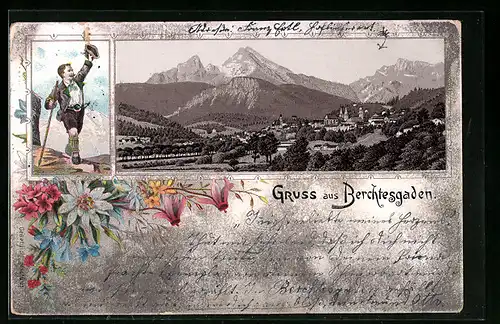 Lithographie Berchtesgaden, Ortsansicht mit Bergsteiger in Tracht