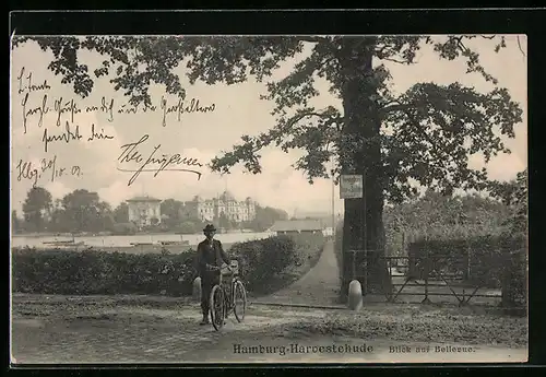 AK Hamburg-Harvestehude, Blick auf Bellevue, Mann mit Fahrrad