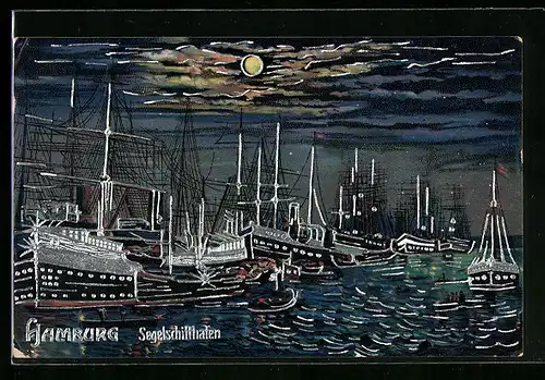 Mondschein-AK Hamburg, Segelschiffhafen mit Schiffen