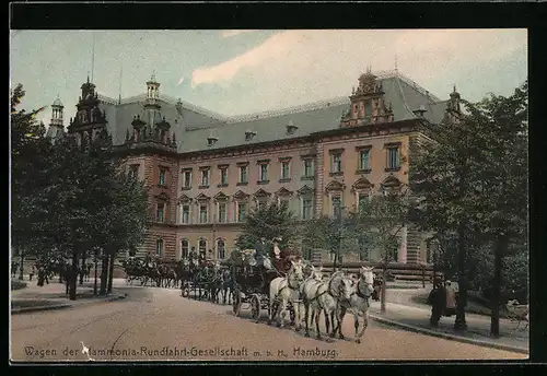 AK Hamburg, Strasse mit Wagen der Hammonia-Rundfahrt-Gesellschaft und Gebäude