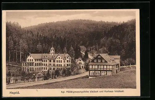 AK Nagold, Kgl. Militärgenesungsheim Waldeck und Kurhaus Waldlust mit Landstrasse