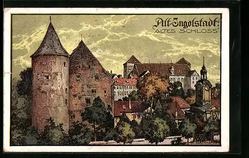 Künstler-AK Ingolstadt, Ortsansicht mit Altem Schloss