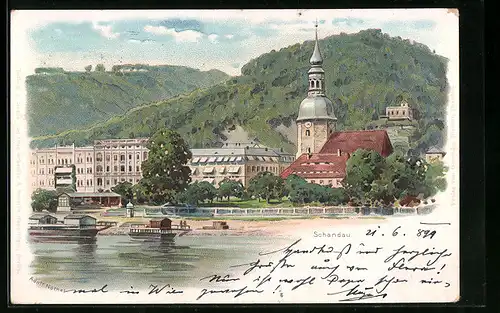 Lithographie Schandau, Wasserpartie mit Kirche