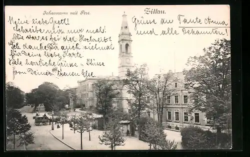 AK Zittau, Strassenpartie an der Post und Uhrenturm