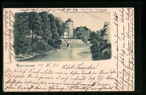 Lithographie Hannover, Leinufer mit Beguinenturm