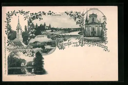 AK Aschaffenburg, Pfarrkirche, Bahnhof, Schönbusch-Schlösschen