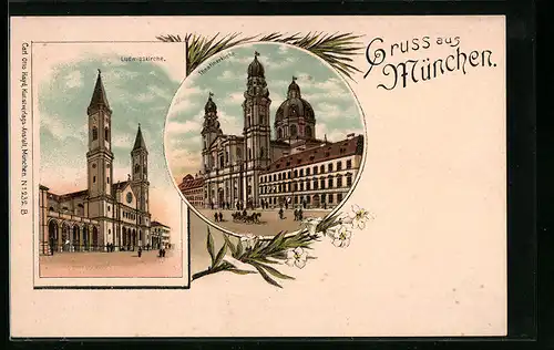Lithographie München, Ludwigskirche, Theatinerkirche