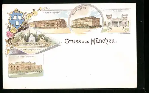 Lithographie München, Nationalmuseum, Propyläen, Wittelsbachbrunnen