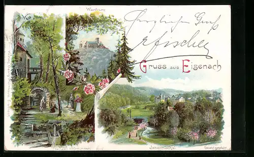 Lithographie Eisenach, Wartburg, Elisabethbrunnen, Johannisthal