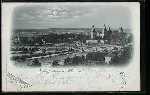 Mondschein-AK Aschaffenburg a. M., Flusspartie mit Brücke