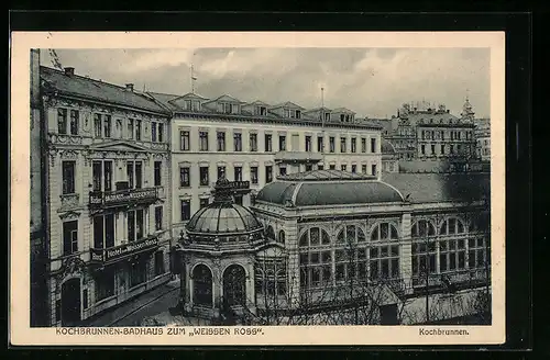 AK Wiesbaden, Kochbrunnen-Badehaus und Privat-Hotel zum Weissen Ross