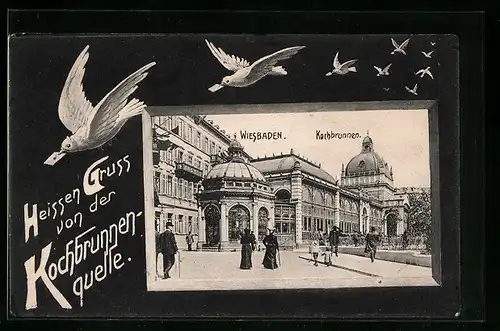 AK Wiesbaden, Motiv vom Kochbrunnen, Passepartout mit Brieftauben