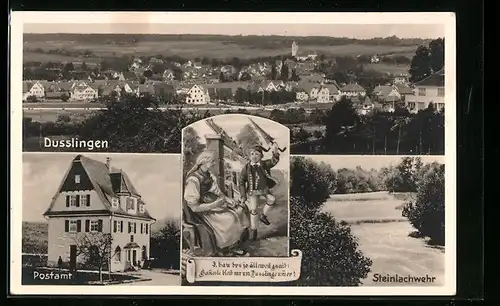 AK Dusslingen, Ortsansicht mit Postamt und Steinlachwehr