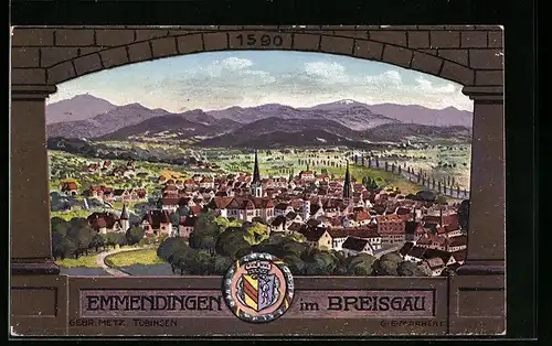 AK Emmendingen im Breisgau, Gesamtansicht der Stadt mit Wappen