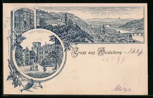 Lithographie Heidelberg, Teilansicht, Ortspartie, Gebäudeansicht