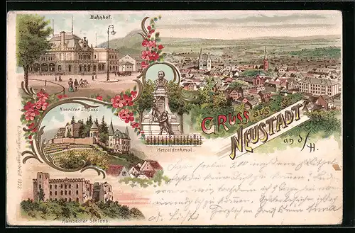 Lithographie Neustadt a.d. Haardt, Gesamtansicht, Hetzeldenkmal, Haardter Schloss & Bahnhof