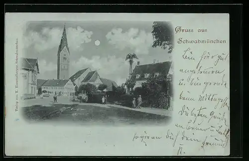 Mondschein-AK Schwabmünchen, Strassenpartie mit Kirche und Denkmal