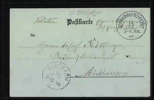 Mondschein-AK Schwabmünchen, Strassenpartie mit Kirche und Denkmal