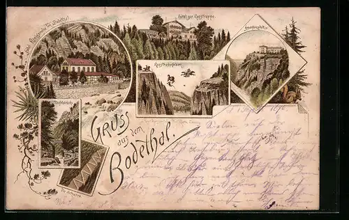 Lithographie Bodethal, Hotel Königsruhe, Hotel zur Rosstrappe