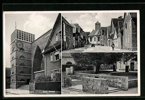 AK Mainz-Bischofsheim, Katholische Kirche, Ehrenhof, Frankfurter Strasse mit Evangelischer Kirche