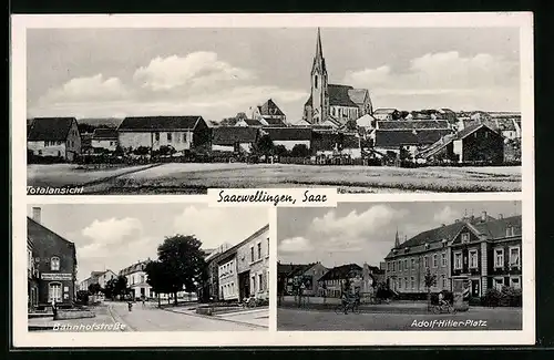 AK Saarwellingen / Saar, Totalansicht, Bahnhofstrasse und Platz
