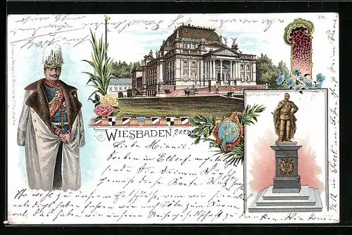 Lithographie Wiesbaden, Hoftheater, Kaiser Friedrich Denkmal