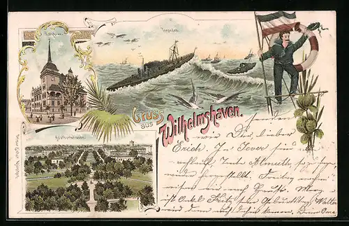Lithographie Wilhelmshaven, Torpedoboote auf See, Rathaus, Adalbertstrasse