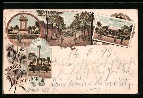 Lithographie Friedrichsfeld, Officier-Casino, Baracken-Lager, Denkmal 1870-71