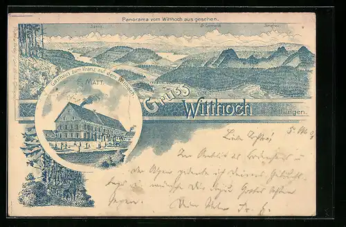 Lithographie Tuttlingen, Gasthaus zum Kranz auf dem Witthoch, Panorama mit Säntis und Jungfrau