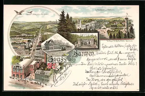 Lithographie Barmen, Luftkurhaus und Tölleturm, Bahnhof, Barmer Anlagen und Bergbahn