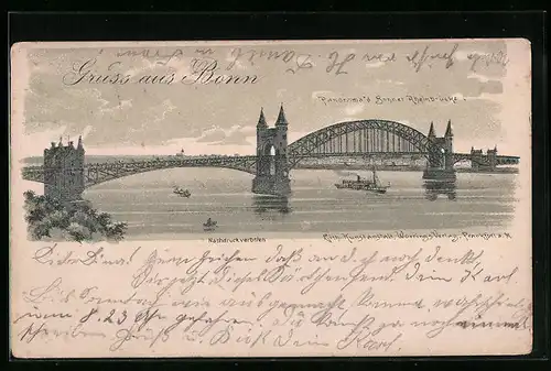 Lithographie Bonn, Panorama der Bonner Rheinbrücke