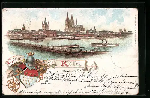 Lithographie Köln, Ortspartie mit Rhein und Dom, Wappen