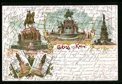 Lithographie Köln, Denkmäler Wilhelm I., Friedrich Wilhelm III., Bismarck und Moltke