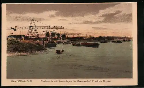 AK Hamborn-Alsum, Rheinpartie mit Krananlagen der Gewerkschaft Thyssen