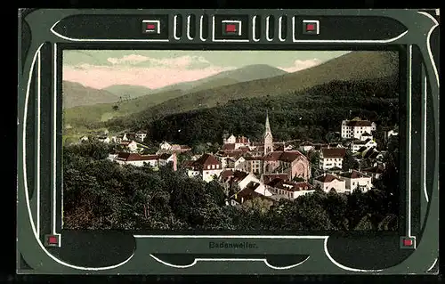 Passepartout-AK Badenweiler, Ortsansicht aus der Vogelschau, Ornament